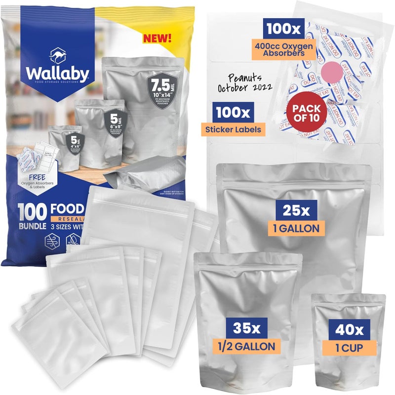 Wallaby 100ct MultiSize Mylar Bags 400cc Oxygen Absorbers 15 10 Mil Total Thickness 1Gal 1Qt 12Pt StandUp Zipper HeatSealable Gusseted Zipper Bags for LongTerm Food Storage